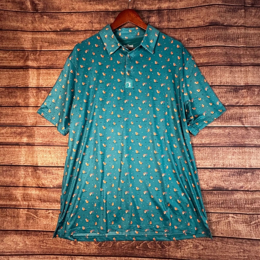 Bogey Bros Golf Co Mens XL Teal Squirrel Found a Nut Performance Golf Polo Shirt